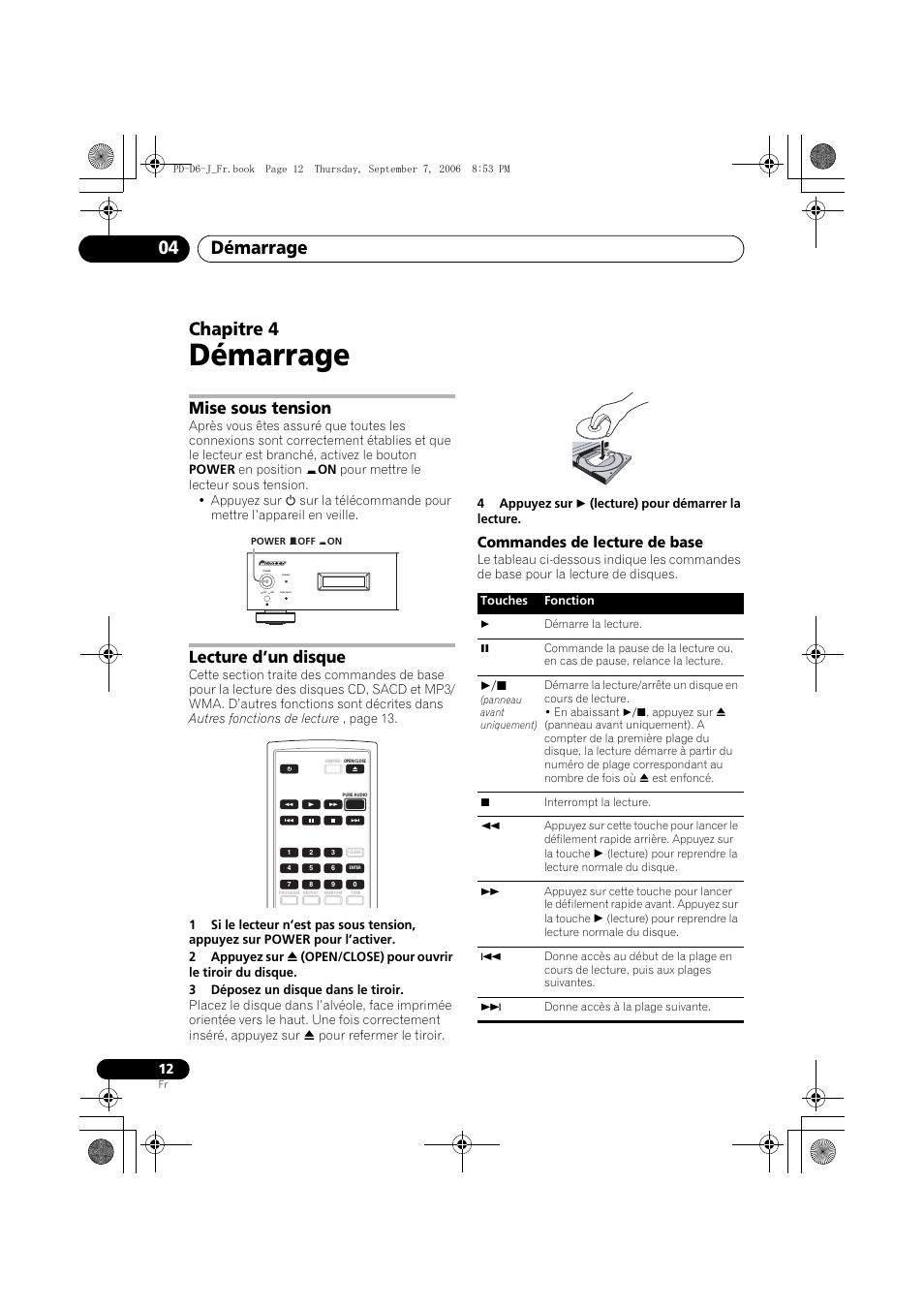 04 démarrage, Mise sous tension, Lecture d’un disque | Démarrage, Démarrage 04, Chapitre 4, Commandes de lecture de base | Pioneer PD-D6-J User Manual | Page 30 / 110