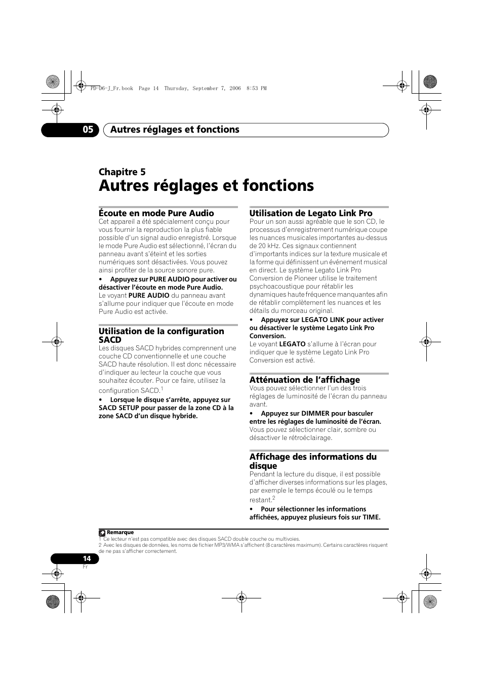 05 autres réglages et fonctions, Écoute en mode pure audio, Utilisation de la configuration sacd | Utilisation de legato link pro, Atténuation de l’affichage, Affichage des informations du disque, Autres réglages et fonctions, Autres réglages et fonctions 05, Chapitre 5 | Pioneer PD-D6-J User Manual | Page 32 / 110