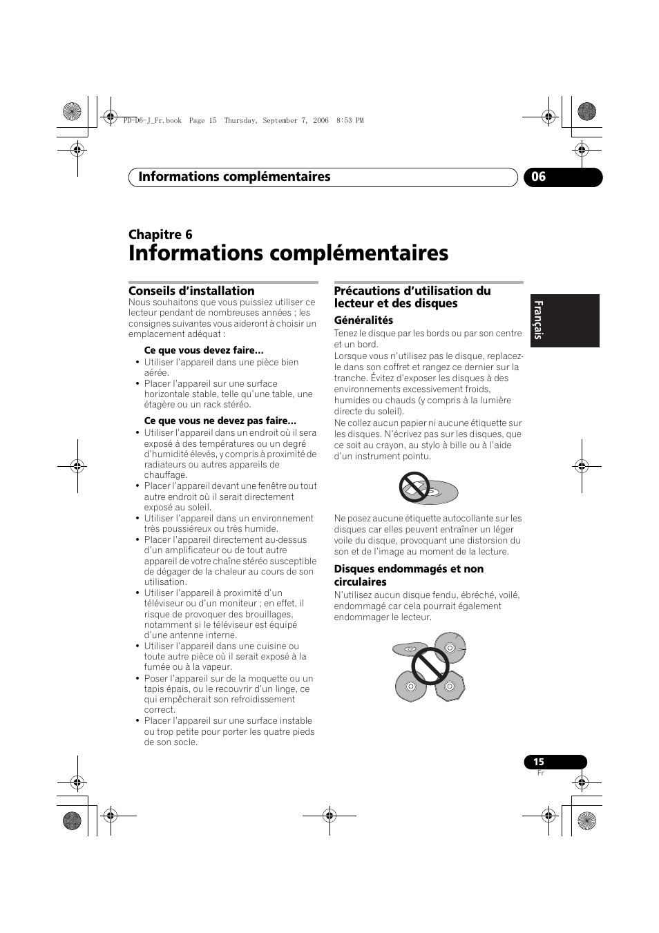 06 informations complémentaires, Conseils d’installation, Informations complémentaires | Informations complémentaires 06, Chapitre 6 | Pioneer PD-D6-J User Manual | Page 33 / 110