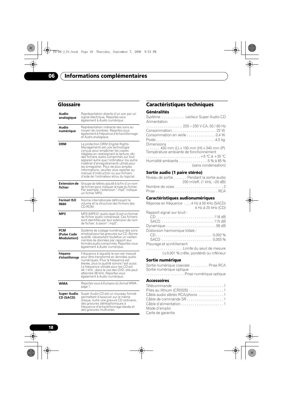 Glossaire, Caractéristiques techniques, Informations complémentaires 06 | Glossaire caractéristiques techniques | Pioneer PD-D6-J User Manual | Page 36 / 110