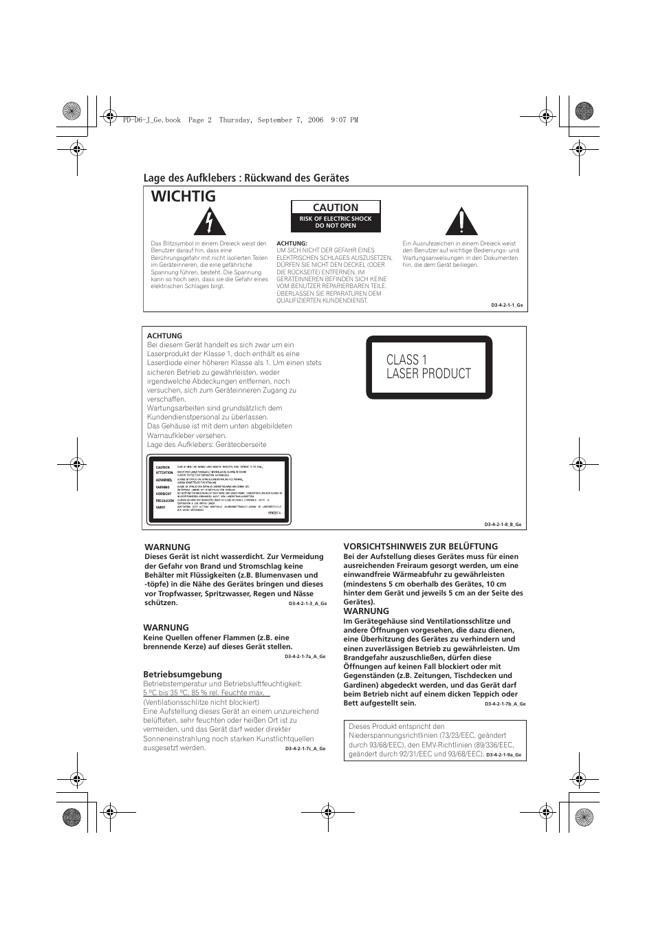 Wichtig, Class 1 laser product, Lage des aufklebers : rückwand des gerätes | Caution | Pioneer PD-D6-J User Manual | Page 38 / 110