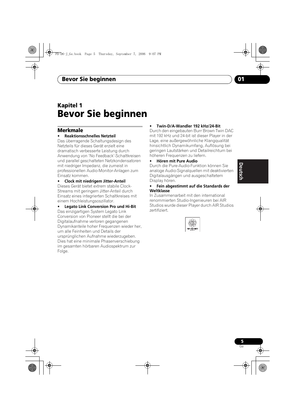 01 bevor sie beginnen, Merkmale, Bevor sie beginnen | Bevor sie beginnen 01, Kapitel 1 | Pioneer PD-D6-J User Manual | Page 41 / 110