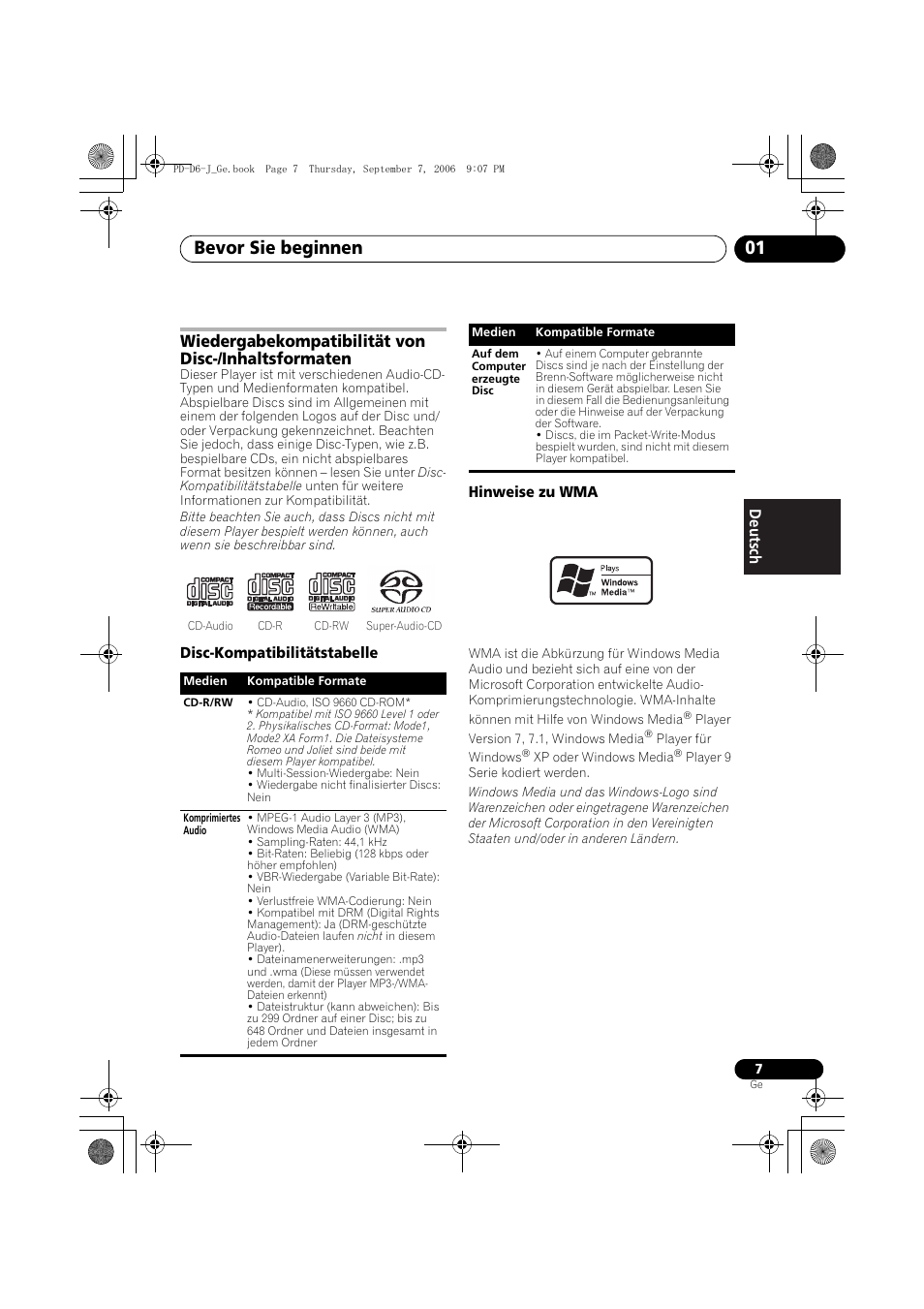 Wiedergabekompatibilität von disc-/inhaltsformaten, Bevor sie beginnen 01 | Pioneer PD-D6-J User Manual | Page 43 / 110