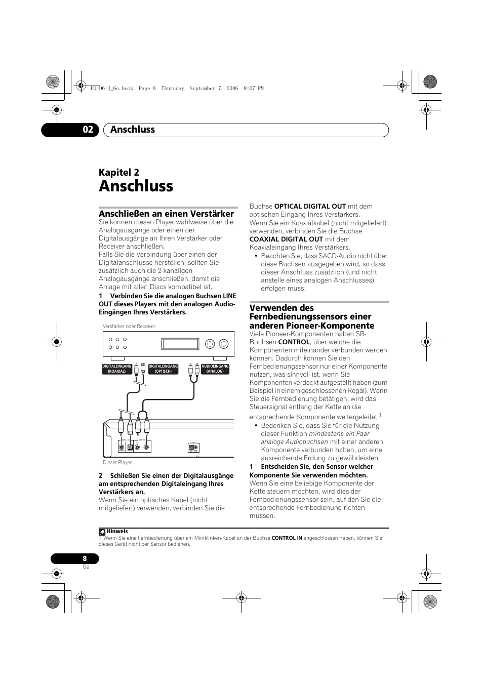 02 anschluss, Anschließen an einen verstärker, Anschluss | Anschluss 02, Kapitel 2 | Pioneer PD-D6-J User Manual | Page 44 / 110
