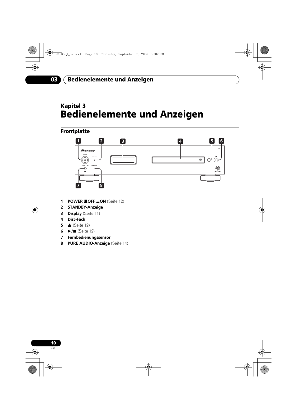 03 bedienelemente und anzeigen, Frontplatte, Bedienelemente und anzeigen | Bedienelemente und anzeigen 03, Kapitel 3 | Pioneer PD-D6-J User Manual | Page 46 / 110