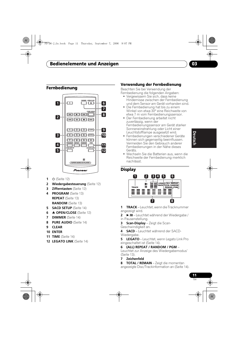 Fernbedienung, Display, Bedienelemente und anzeigen 03 | Verwendung der fernbedienung | Pioneer PD-D6-J User Manual | Page 47 / 110