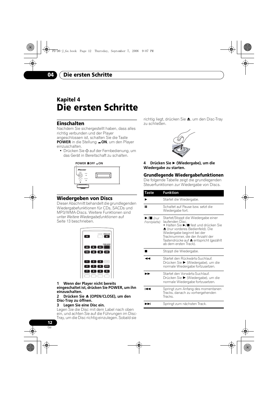 04 die ersten schritte, Einschalten, Wiedergeben von discs | Die ersten schritte, Die ersten schritte 04, Kapitel 4, Grundlegende wiedergabefunktionen | Pioneer PD-D6-J User Manual | Page 48 / 110