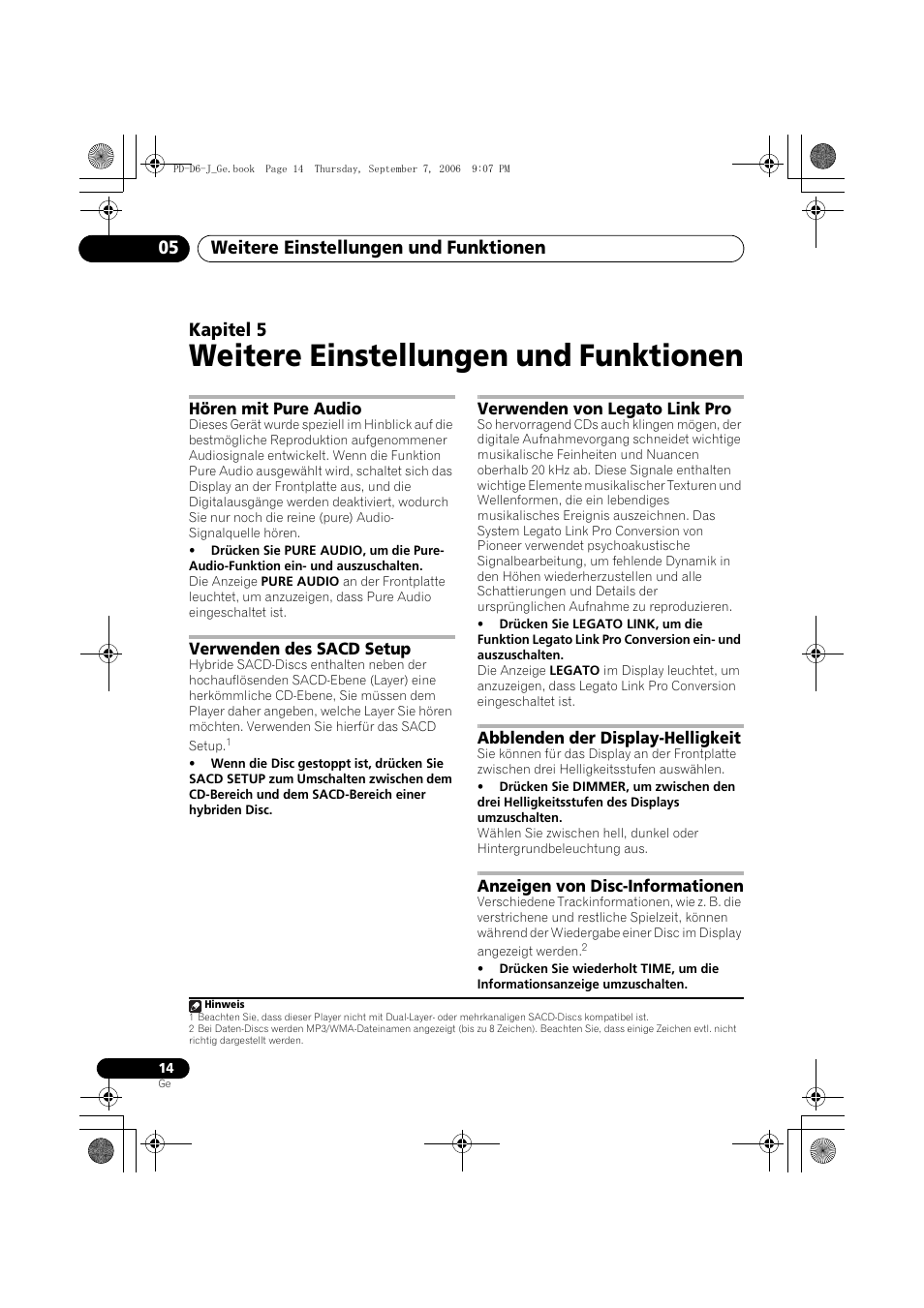 05 weitere einstellungen und funktionen, Hören mit pure audio, Verwenden des sacd setup | Verwenden von legato link pro, Abblenden der display-helligkeit, Anzeigen von disc-informationen, Weitere einstellungen und funktionen, Weitere einstellungen und funktionen 05, Kapitel 5 | Pioneer PD-D6-J User Manual | Page 50 / 110