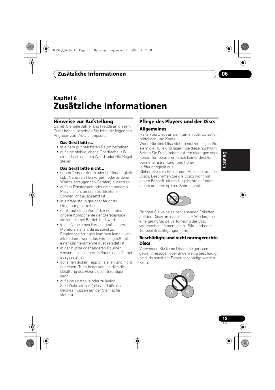 06 zusätzliche informationen, Hinweise zur aufstellung, Pflege des players und der discs | Zusätzliche informationen, Zusätzliche informationen 06, Kapitel 6 | Pioneer PD-D6-J User Manual | Page 51 / 110