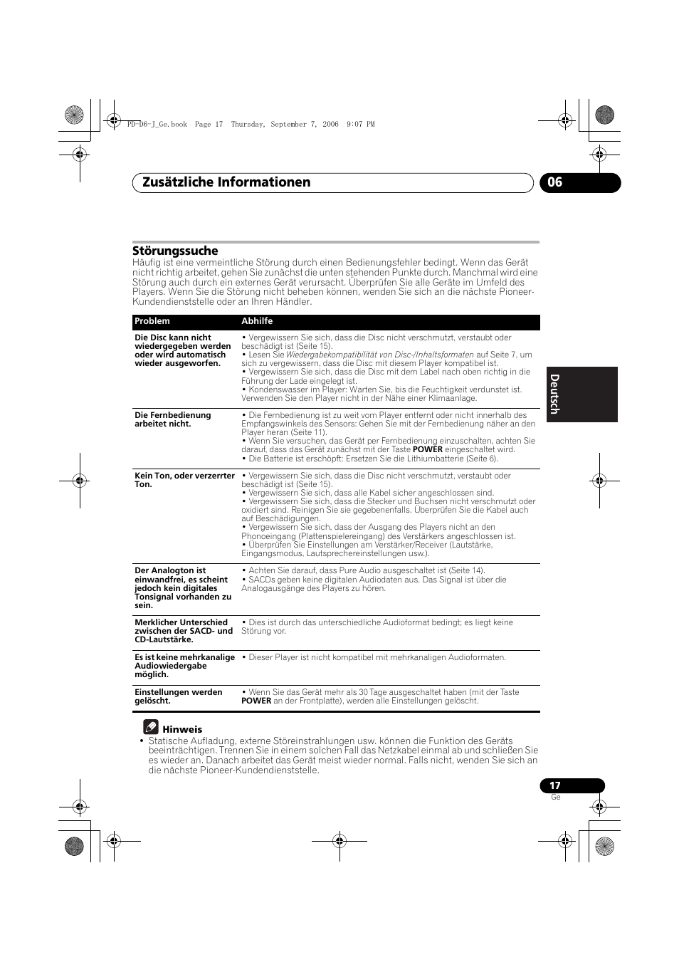 Störungssuche, Zusätzliche informationen 06 | Pioneer PD-D6-J User Manual | Page 53 / 110