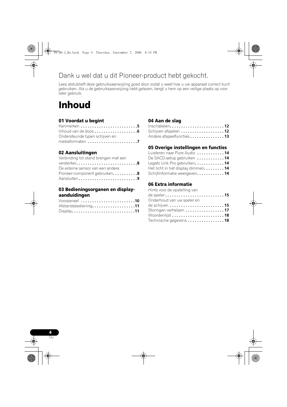 Inhoud, Dank u wel dat u dit pioneer-product hebt gekocht | Pioneer PD-D6-J User Manual | Page 58 / 110