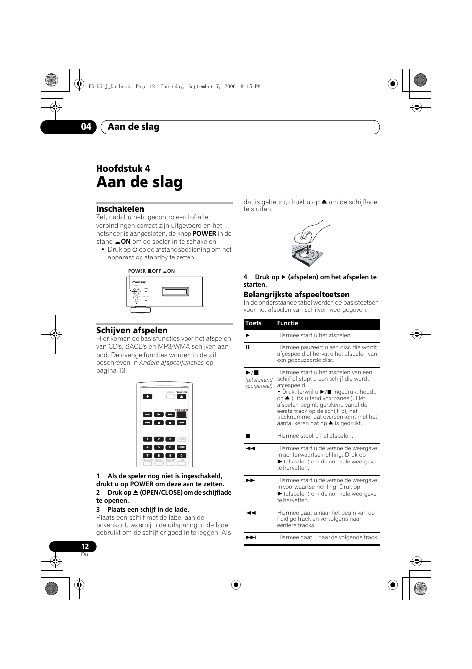 04 aan de slag, Inschakelen, Schijven afspelen | Aan de slag, Aan de slag 04, Hoofdstuk 4, Belangrijkste afspeeltoetsen | Pioneer PD-D6-J User Manual | Page 66 / 110