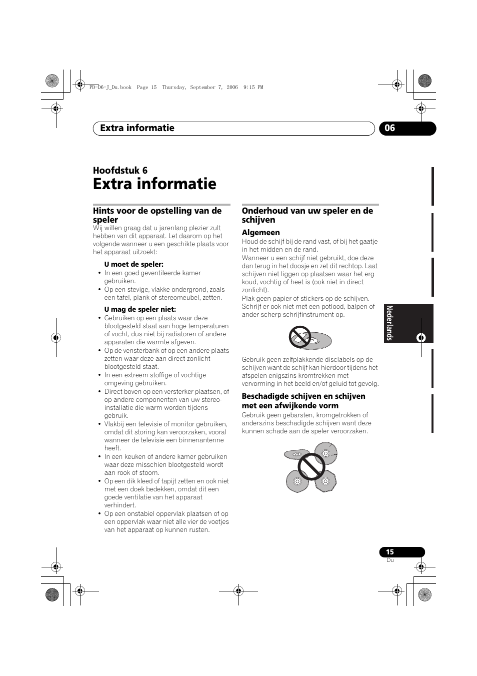 06 extra informatie, Hints voor de opstelling van de speler, Onderhoud van uw speler en de schijven | Extra informatie, Extra informatie 06, Hoofdstuk 6 | Pioneer PD-D6-J User Manual | Page 69 / 110