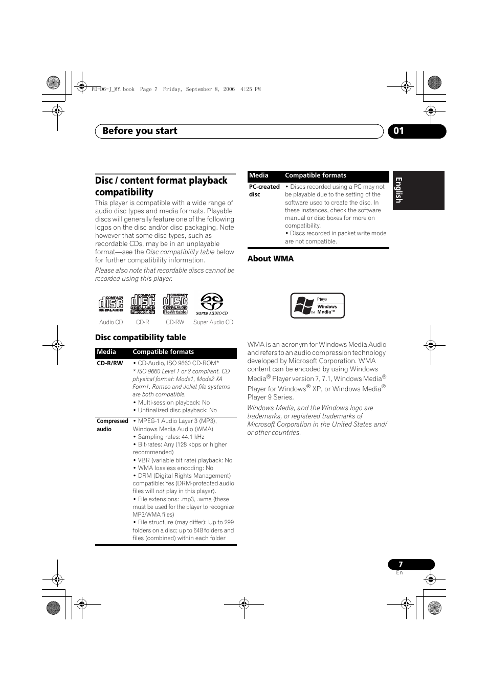 Disc / content format playback compatibility, Before you start 01 | Pioneer PD-D6-J User Manual | Page 7 / 110