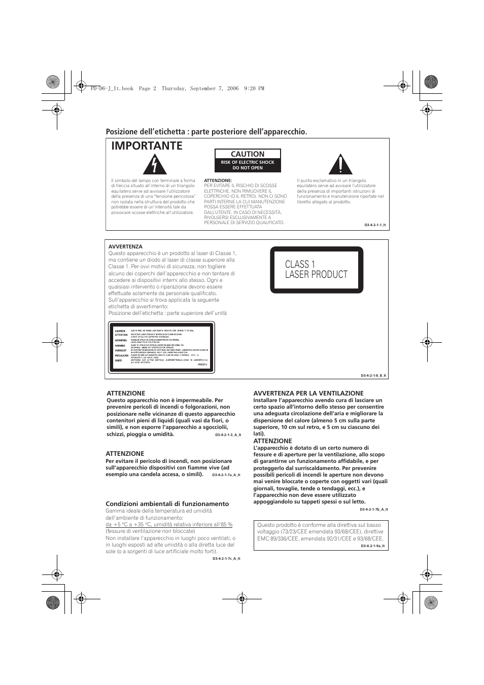 Importante, Class 1 laser product, Caution | Pioneer PD-D6-J User Manual | Page 74 / 110