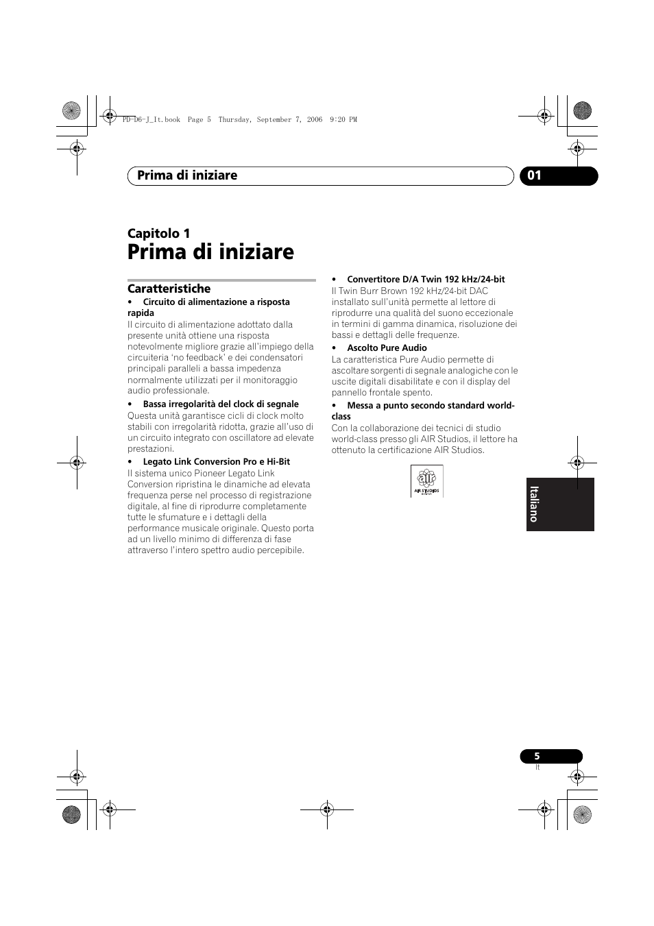 01 prima di iniziare, Caratteristiche, Prima di iniziare | Prima di iniziare 01, Capitolo 1 | Pioneer PD-D6-J User Manual | Page 77 / 110