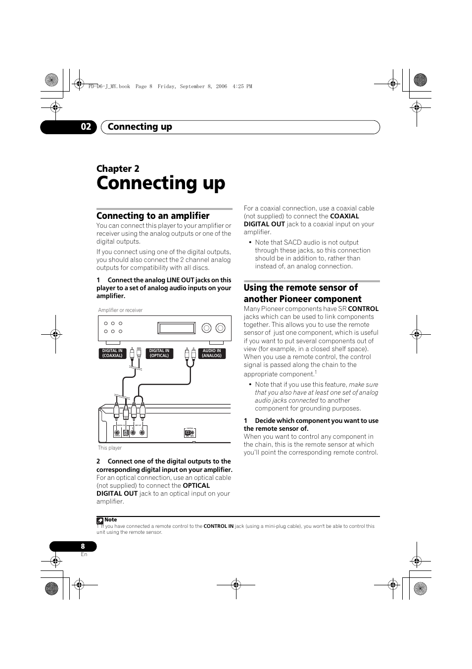 02 connecting up, Connecting to an amplifier, Connecting up | Connecting up 02, Chapter 2 | Pioneer PD-D6-J User Manual | Page 8 / 110