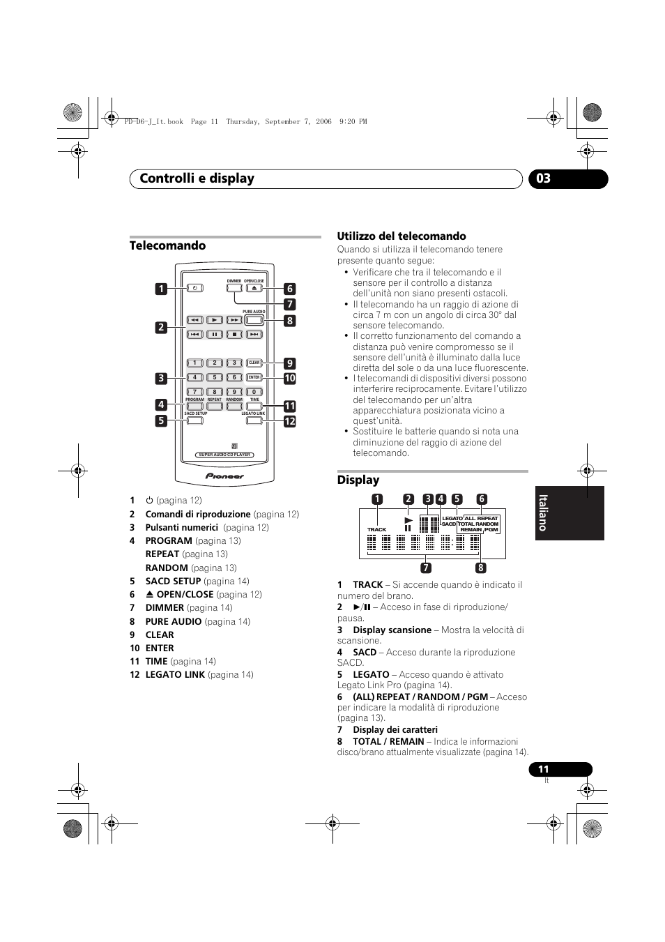 Telecomando, Display, Controlli e display 03 | Utilizzo del telecomando | Pioneer PD-D6-J User Manual | Page 83 / 110