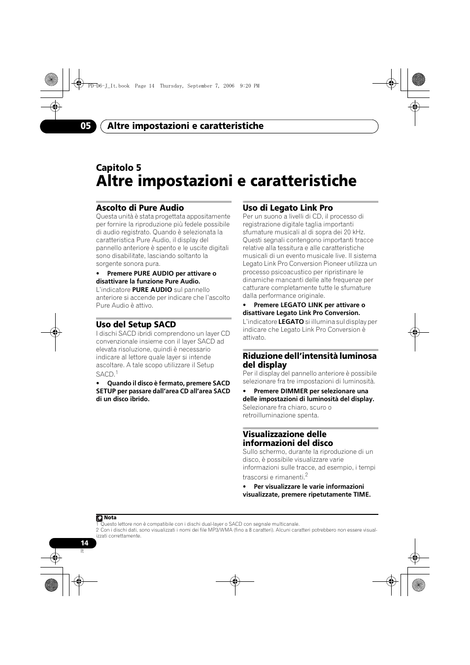 05 altre impostazioni e caratteristiche, Ascolto di pure audio, Uso del setup sacd | Uso di legato link pro, Riduzione dell’intensità luminosa del display, Visualizzazione delle informazioni del disco, Altre impostazioni e caratteristiche, Altre impostazioni e caratteristiche 05, Capitolo 5 | Pioneer PD-D6-J User Manual | Page 86 / 110