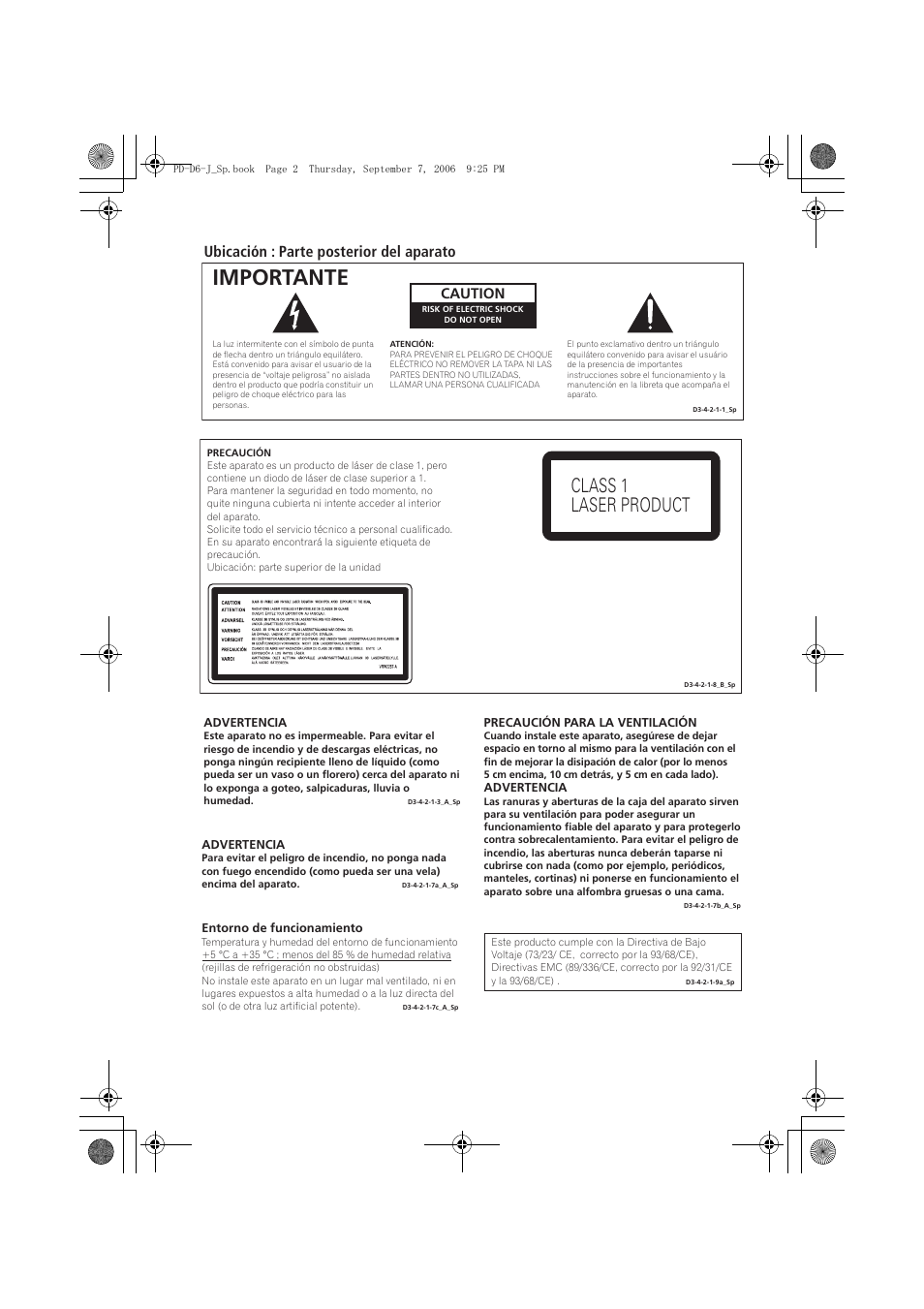 Importante, Class 1 laser product, Ubicación : parte posterior del aparato | Caution | Pioneer PD-D6-J User Manual | Page 92 / 110