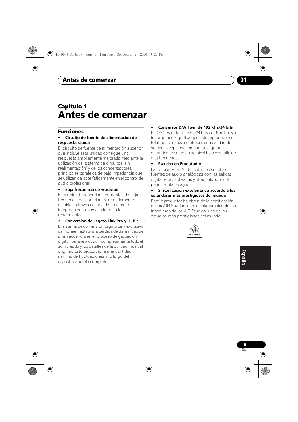 01 antes de comenzar, Funciones, Antes de comenzar | Antes de comenzar 01, Capítulo 1 | Pioneer PD-D6-J User Manual | Page 95 / 110