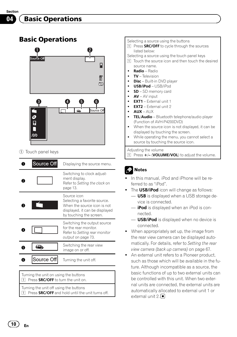 Basic operations basic operations, Basic operations, 04 basic operations | Front | Pioneer AVH-P4200DVD User Manual | Page 10 / 96