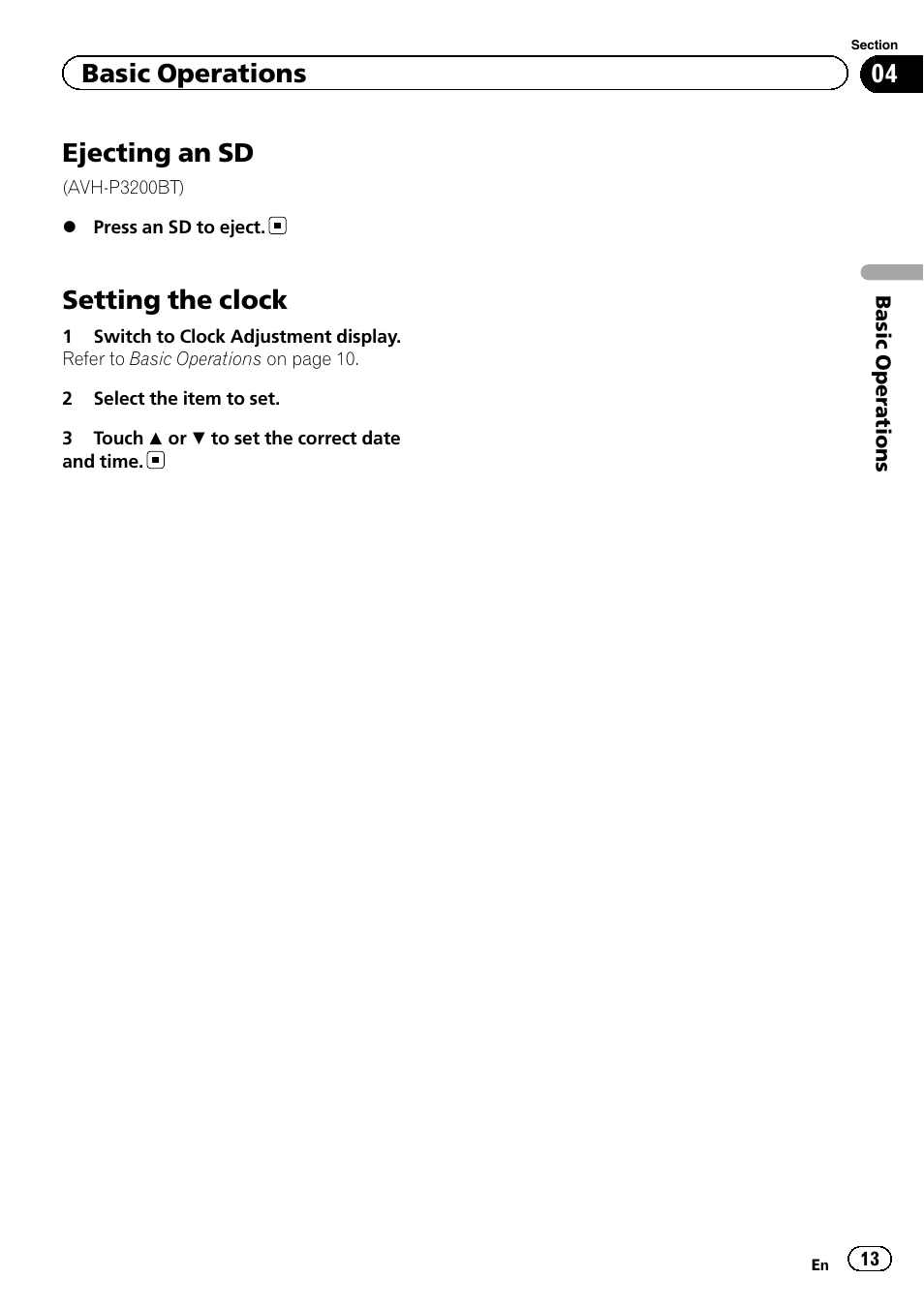 Ejecting an sd, Setting the clock, Basic operations | Pioneer AVH-P4200DVD User Manual | Page 13 / 96