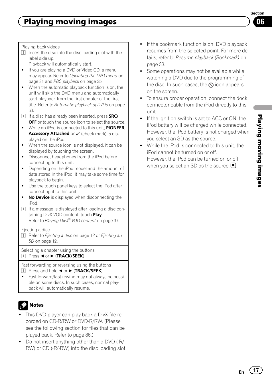 Playing moving images | Pioneer AVH-P4200DVD User Manual | Page 17 / 96