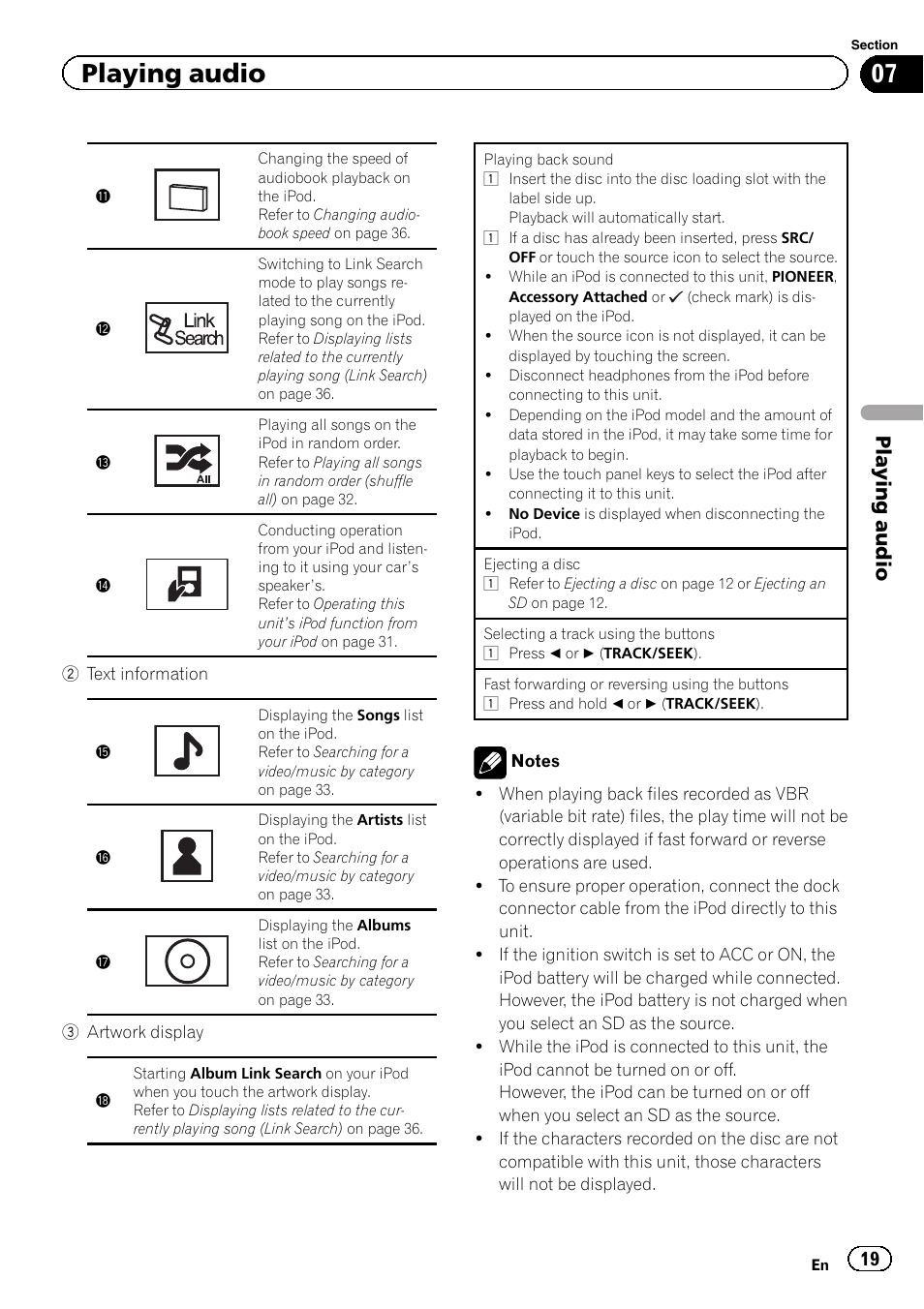 Playing audio | Pioneer AVH-P4200DVD User Manual | Page 19 / 96