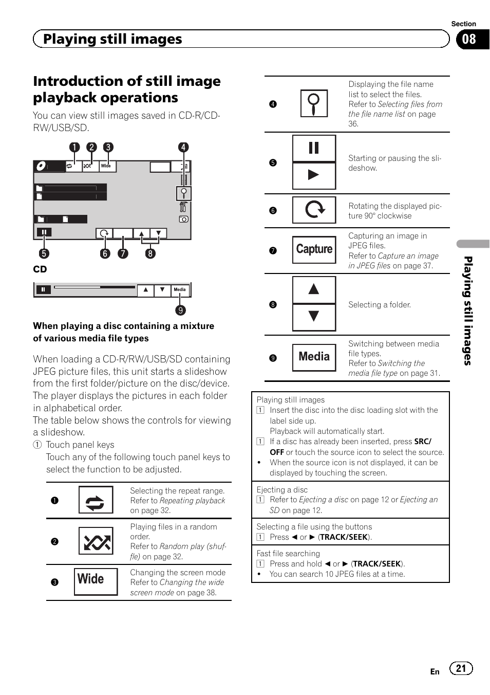 Operations, Introduction of still image playback operations, Playing still images | Pioneer AVH-P4200DVD User Manual | Page 21 / 96