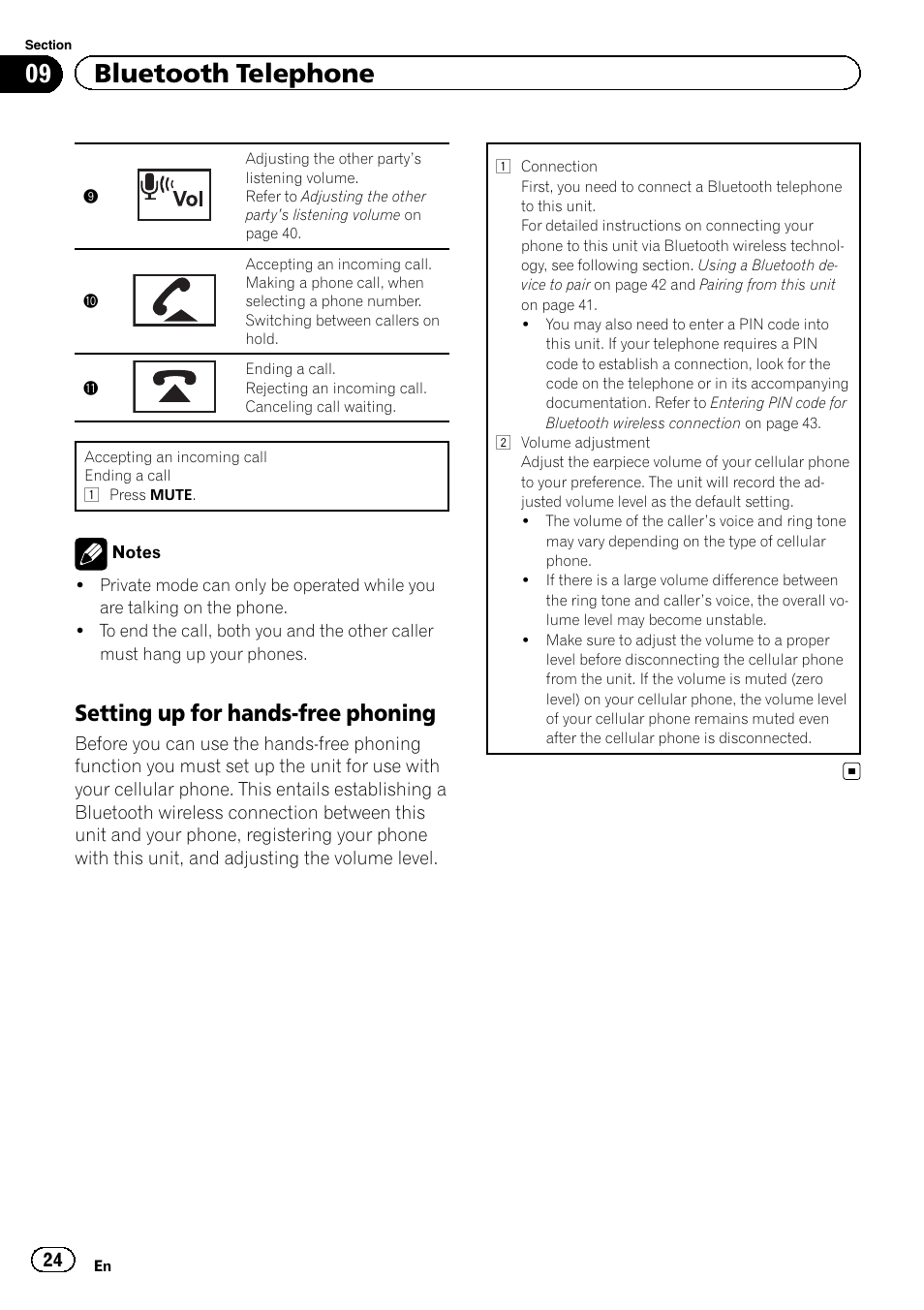 09 bluetooth telephone, Setting up for hands-free phoning | Pioneer AVH-P4200DVD User Manual | Page 24 / 96