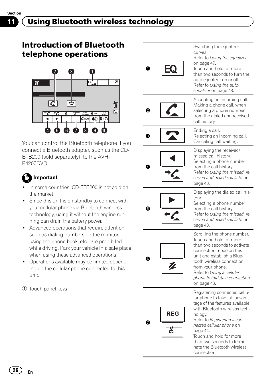 Operations, Introduction of bluetooth telephone operations, 11 using bluetooth wireless technology | Text scroll | Pioneer AVH-P4200DVD User Manual | Page 26 / 96
