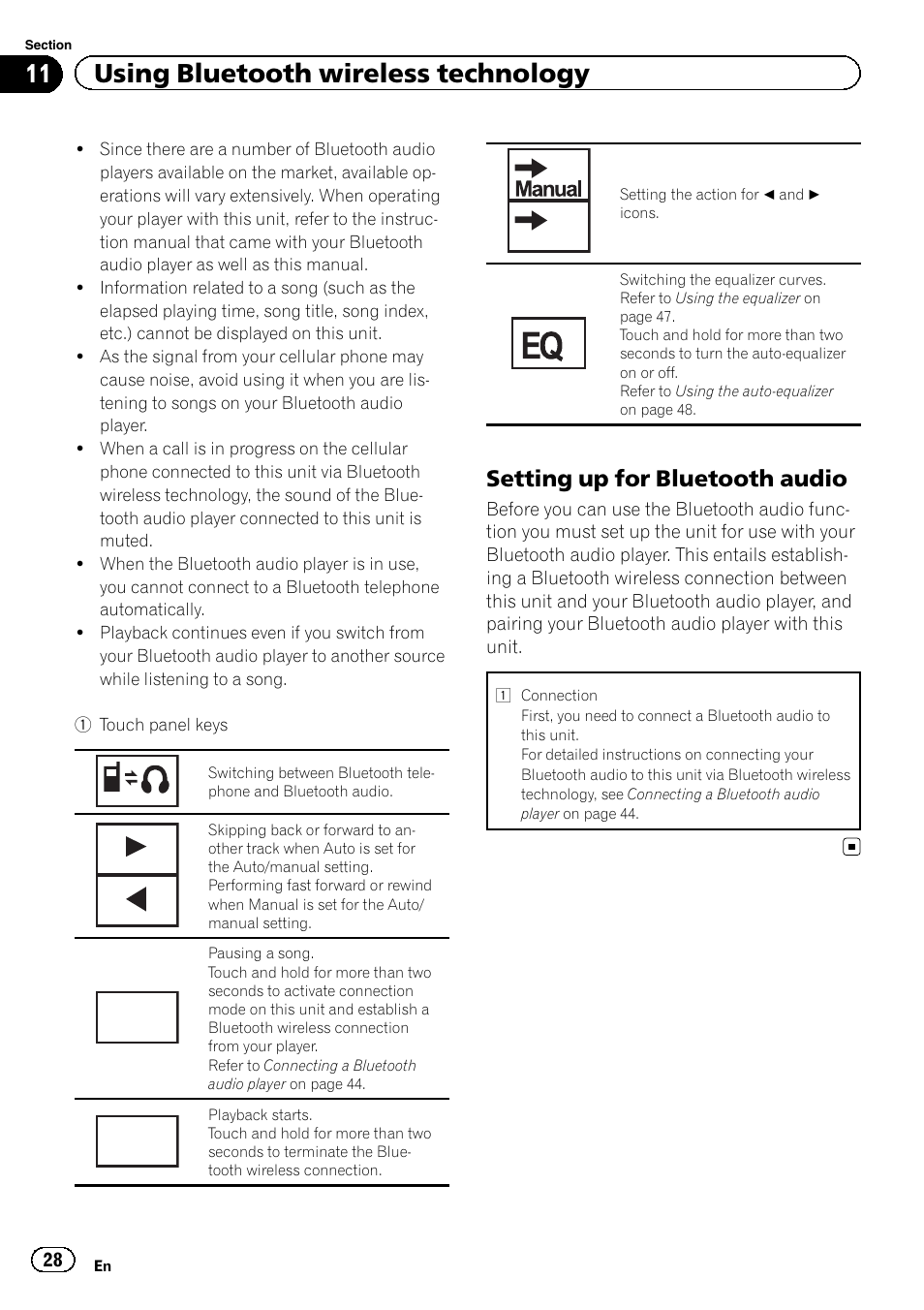 11 using bluetooth wireless technology, Setting up for bluetooth audio, Auto | Pioneer AVH-P4200DVD User Manual | Page 28 / 96
