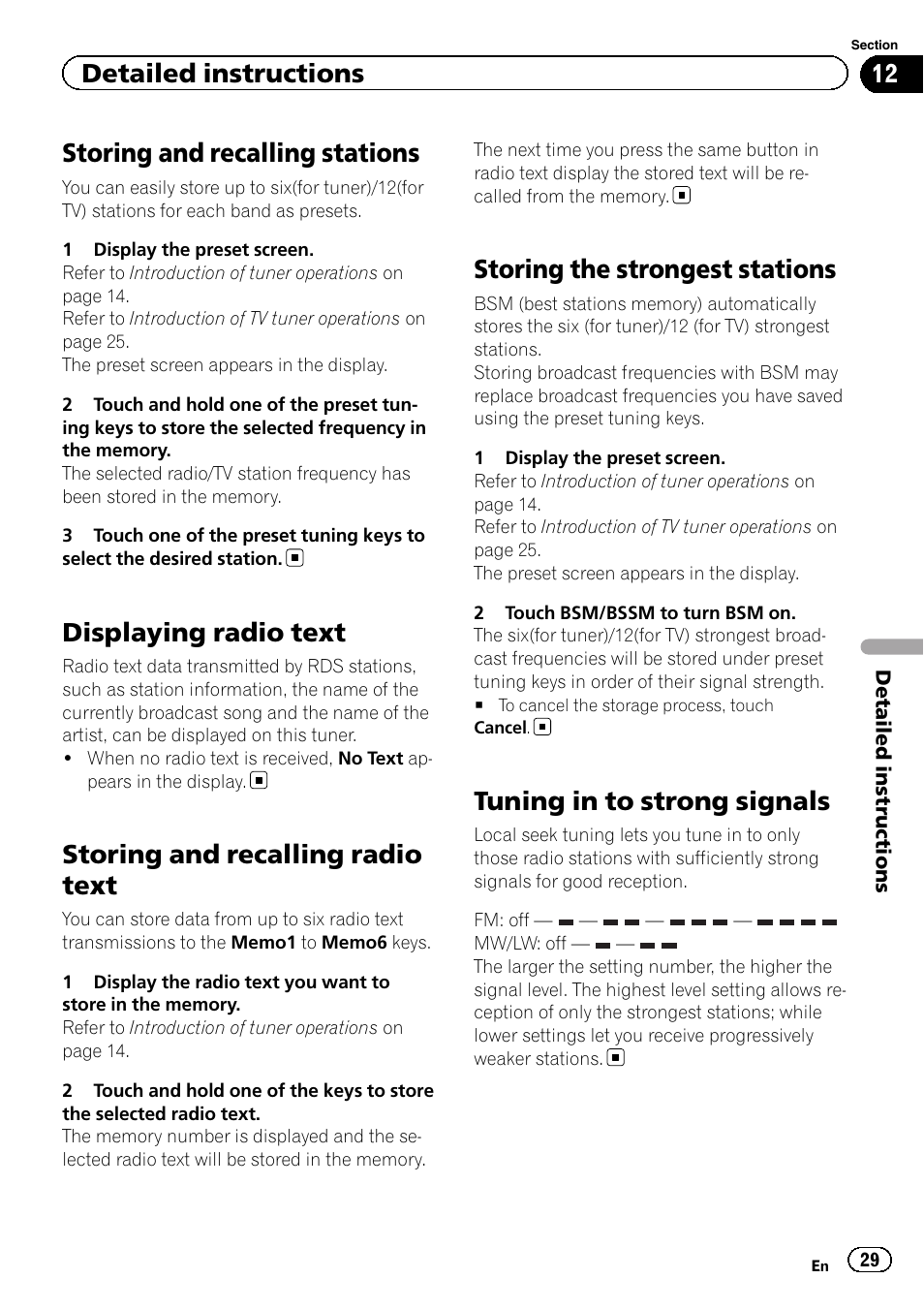Displaying radio text, Storing and recalling radio text, Storing the strongest stations | Tuning in to strong signals, Storing and recalling stations, Detailed instructions | Pioneer AVH-P4200DVD User Manual | Page 29 / 96