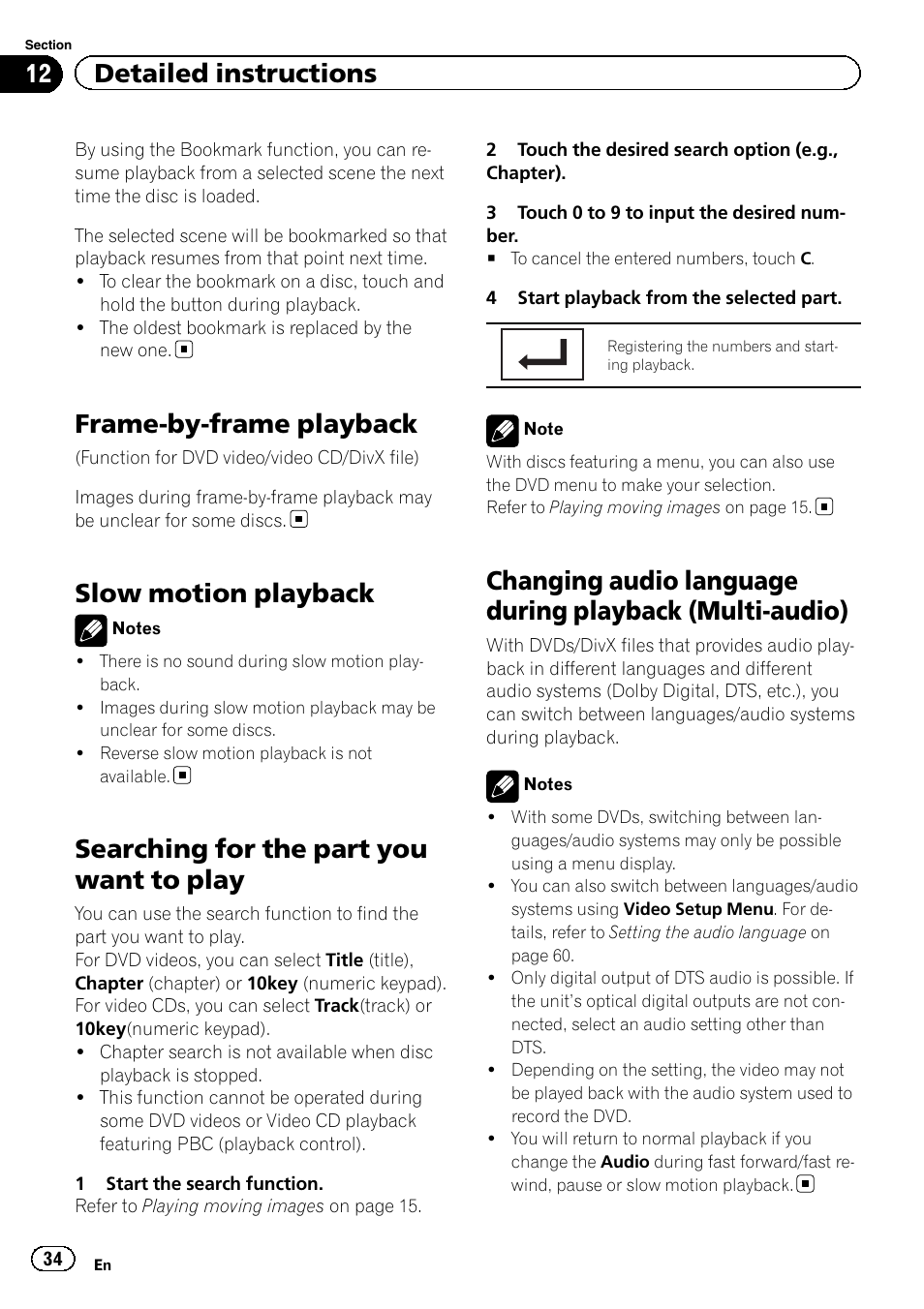 Frame-by-frame playback, Slow motion playback, Searching for the part you want to play | Changing audio language during playback, Multi-audio), 12 detailed instructions | Pioneer AVH-P4200DVD User Manual | Page 34 / 96