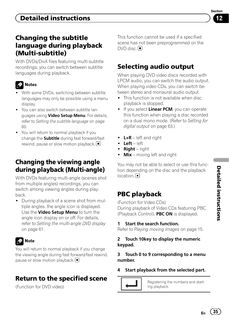 Changing the subtitle language during, Playback (multi-subtitle), Changing the viewing angle during playback | Multi-angle), Return to the specified scene, Selecting audio output, Pbc playback, Detailed instructions | Pioneer AVH-P4200DVD User Manual | Page 35 / 96