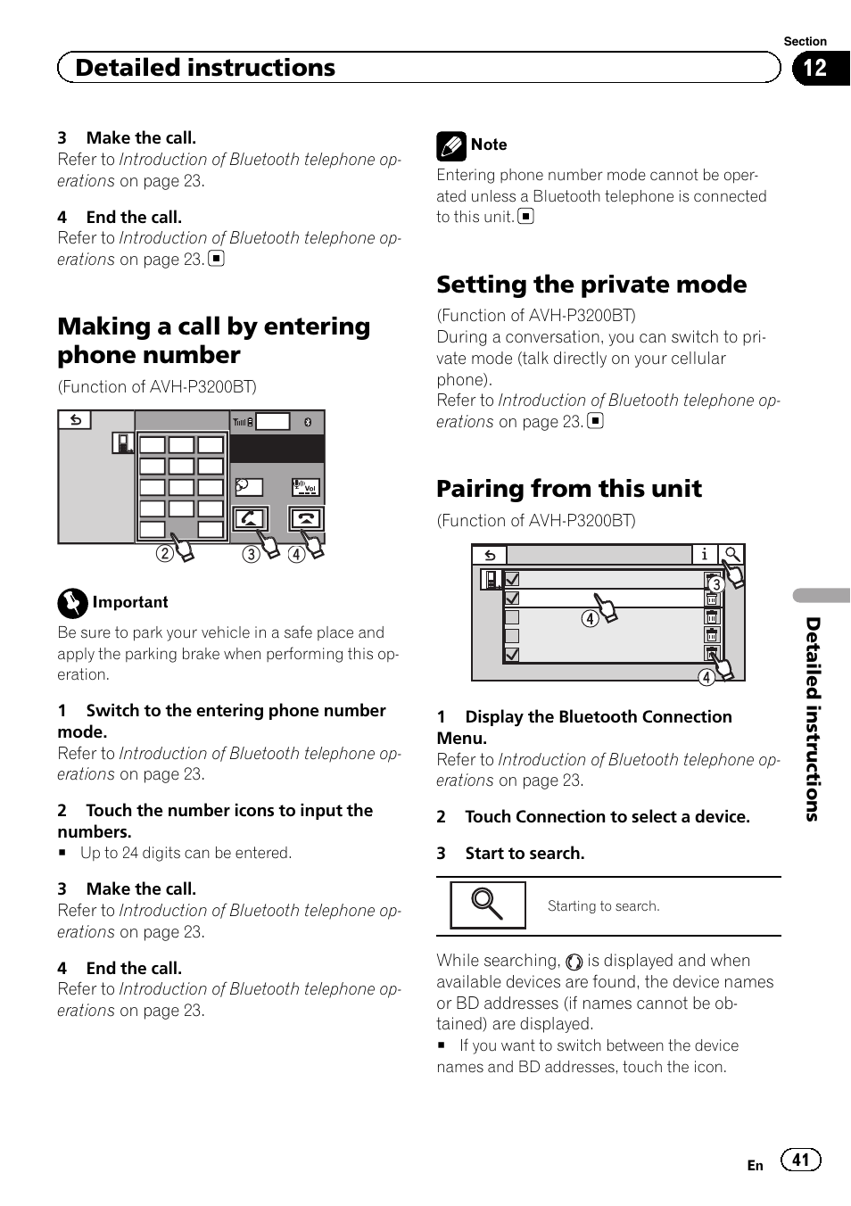 Making a call by entering phone number, Setting the private mode, Pairing from this unit | Detailed instructions | Pioneer AVH-P4200DVD User Manual | Page 41 / 96