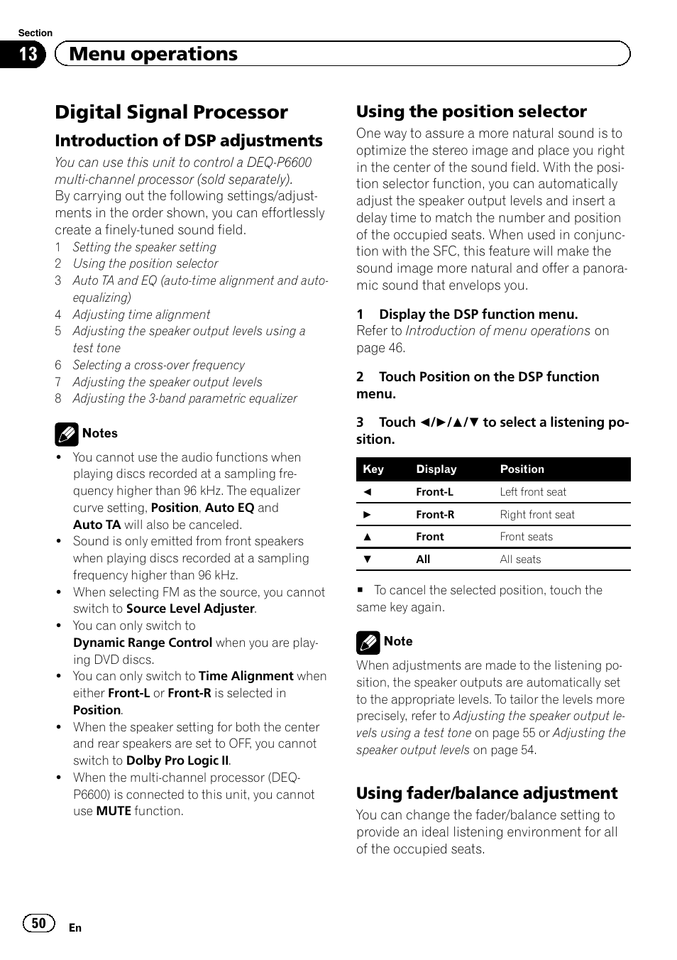 Digital signal processor, Intro, 13 menu operations | Introduction of dsp adjustments, Using the position selector, Using fader/balance adjustment | Pioneer AVH-P4200DVD User Manual | Page 50 / 96