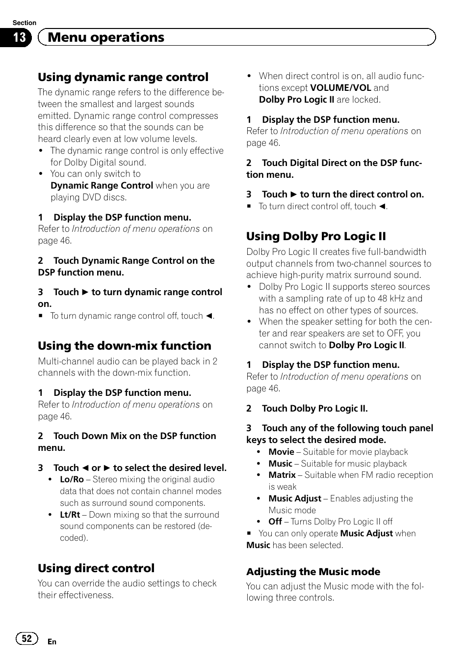13 menu operations, Using dynamic range control, Using the down-mix function | Using direct control, Using dolby pro logic ii | Pioneer AVH-P4200DVD User Manual | Page 52 / 96