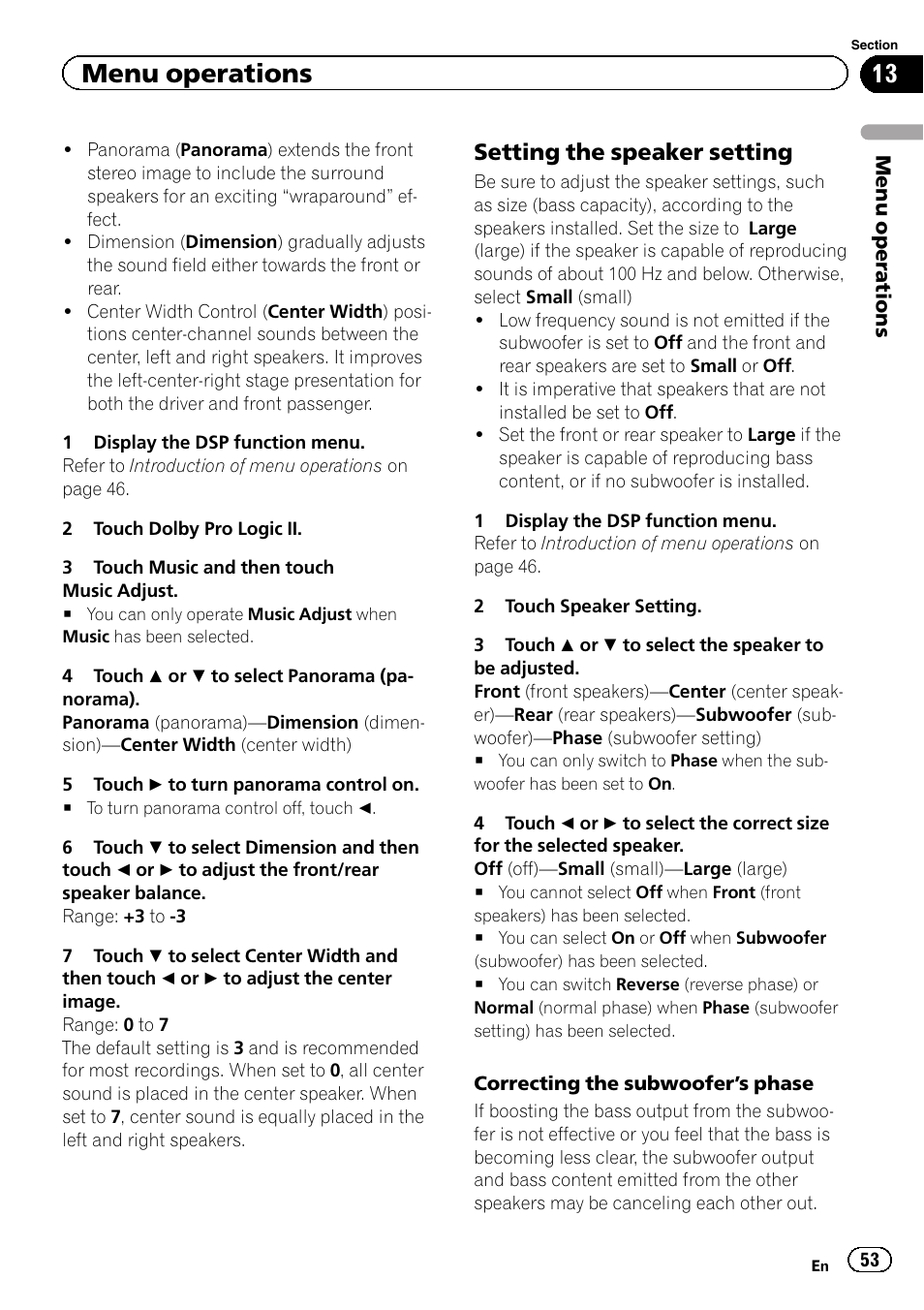 Setting the speaker setting, Menu operations | Pioneer AVH-P4200DVD User Manual | Page 53 / 96