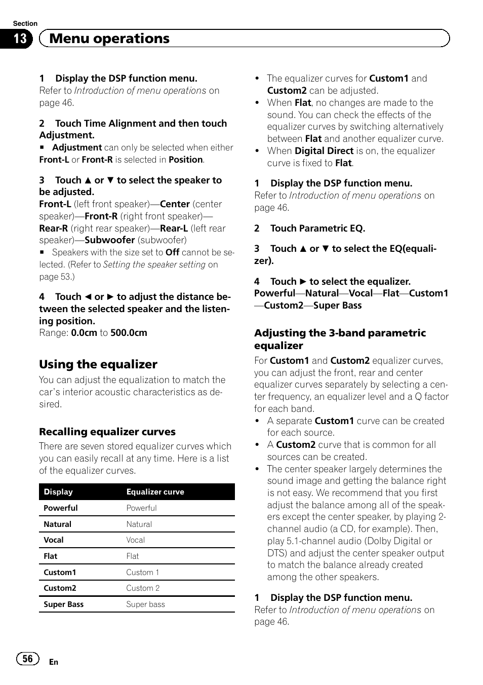 Adjusting the 3-band parametric equalizer, 13 menu operations, Using the equalizer | Pioneer AVH-P4200DVD User Manual | Page 56 / 96