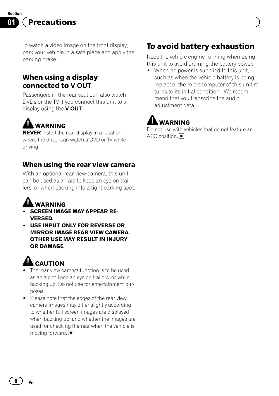 To avoid battery exhaustion, 01 precautions | Pioneer AVH-P4200DVD User Manual | Page 6 / 96