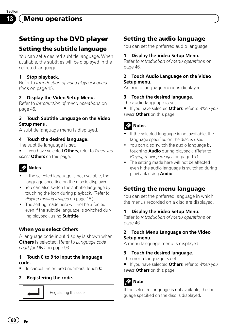 Setting up the dvd player, 13 menu operations, Setting the subtitle language | Setting the audio language, Setting the menu language | Pioneer AVH-P4200DVD User Manual | Page 60 / 96