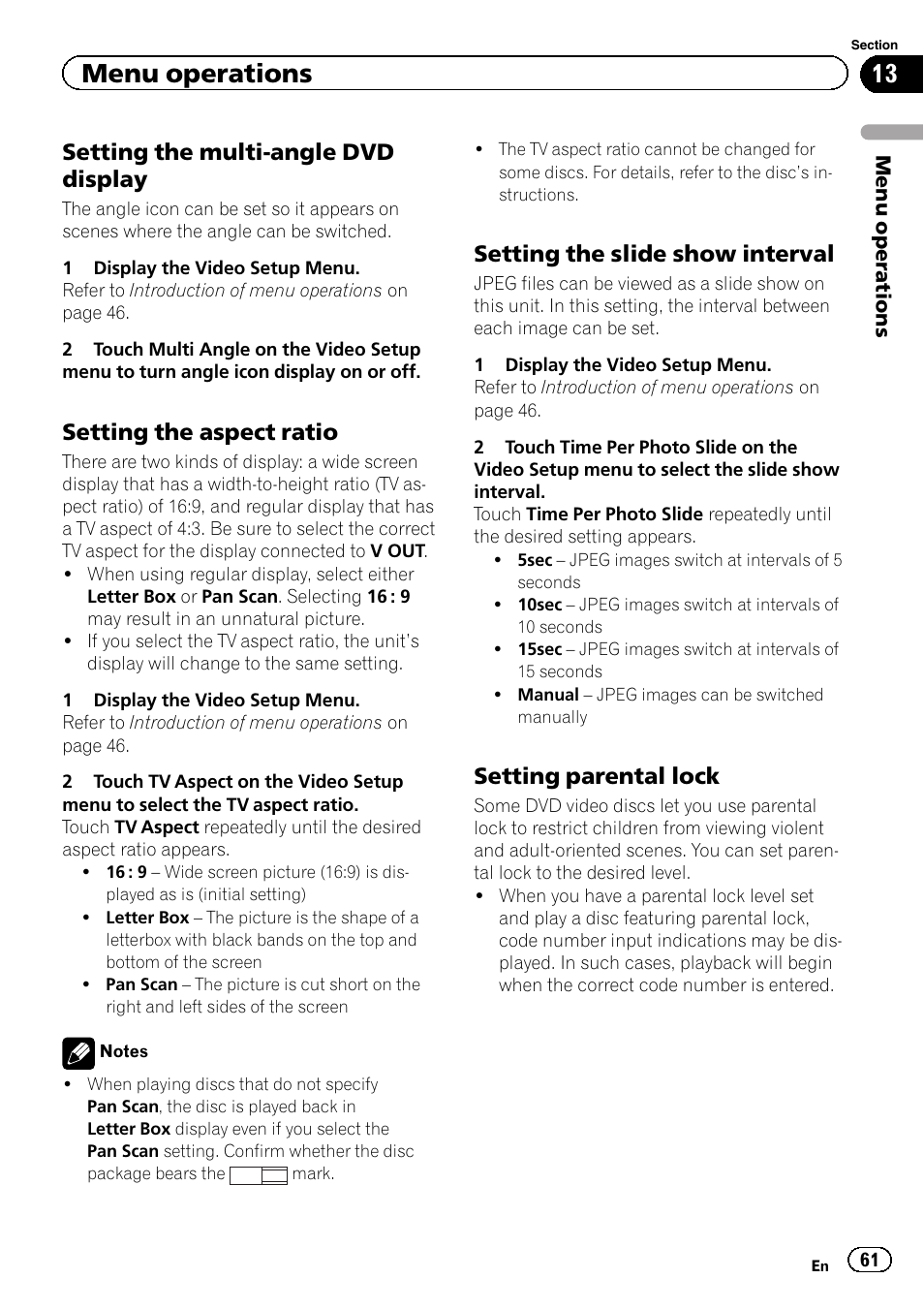 Menu operations, Setting the multi-angle dvd display, Setting the aspect ratio | Setting the slide show interval, Setting parental lock | Pioneer AVH-P4200DVD User Manual | Page 61 / 96