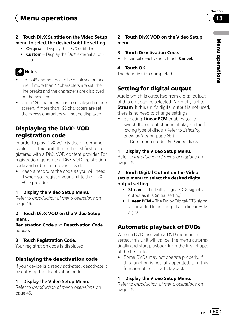 Displaying the divx, Menu operations, Vod registration code | Setting for digital output, Automatic playback of dvds | Pioneer AVH-P4200DVD User Manual | Page 63 / 96