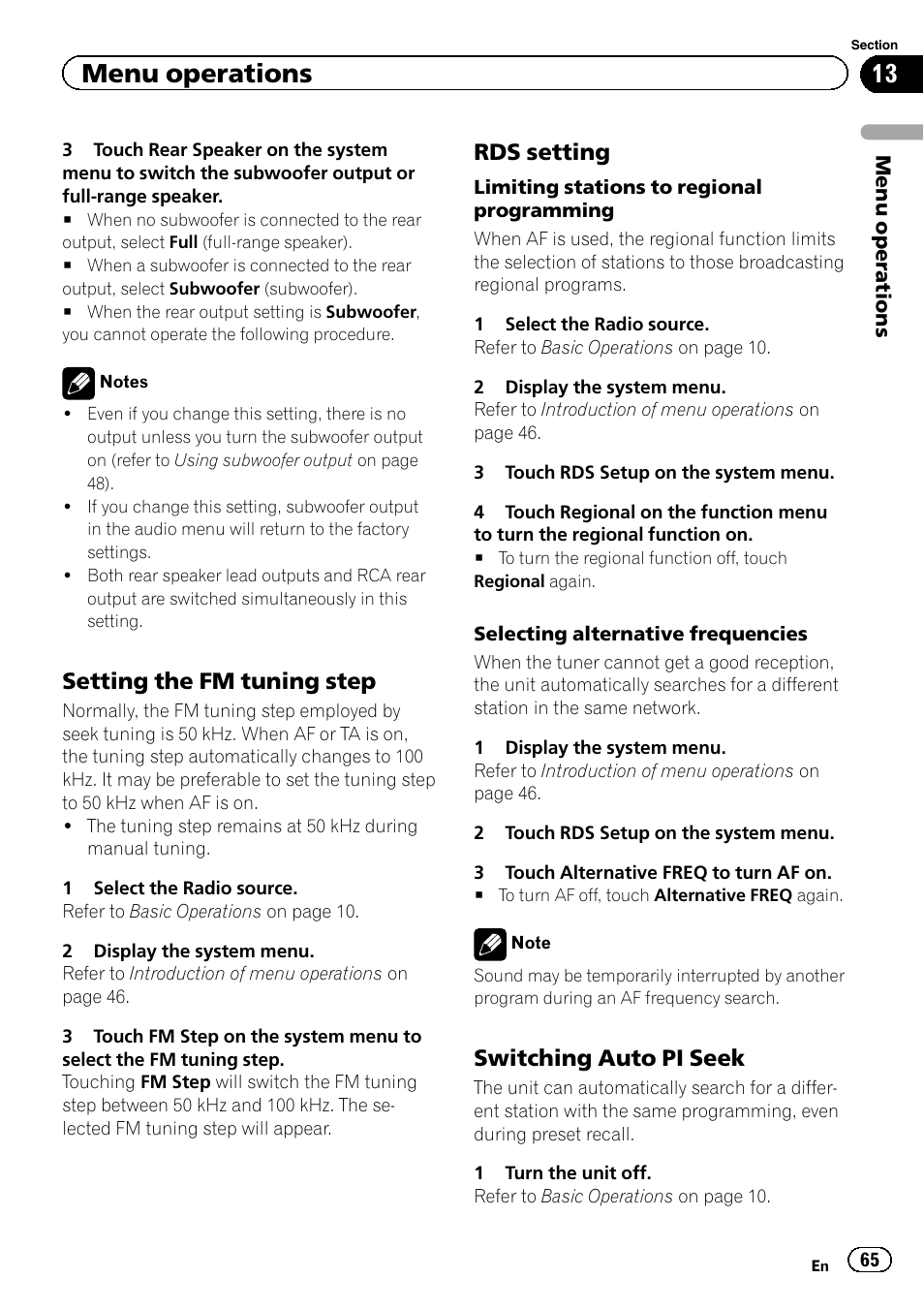 Menu operations, Setting the fm tuning step, Rds setting | Switching auto pi seek | Pioneer AVH-P4200DVD User Manual | Page 65 / 96