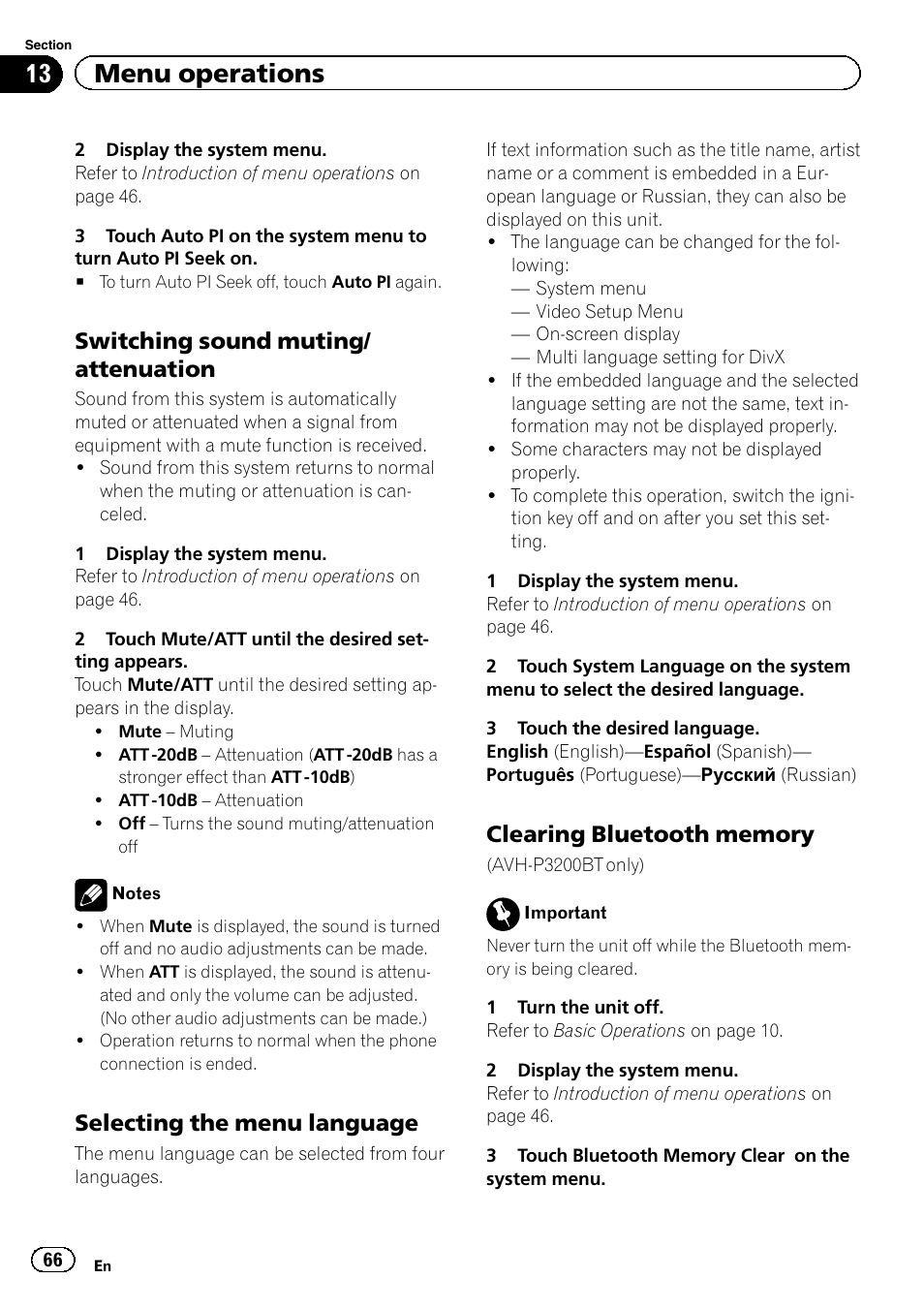 13 menu operations, Switching sound muting/ attenuation, Selecting the menu language | Pioneer AVH-P4200DVD User Manual | Page 66 / 96