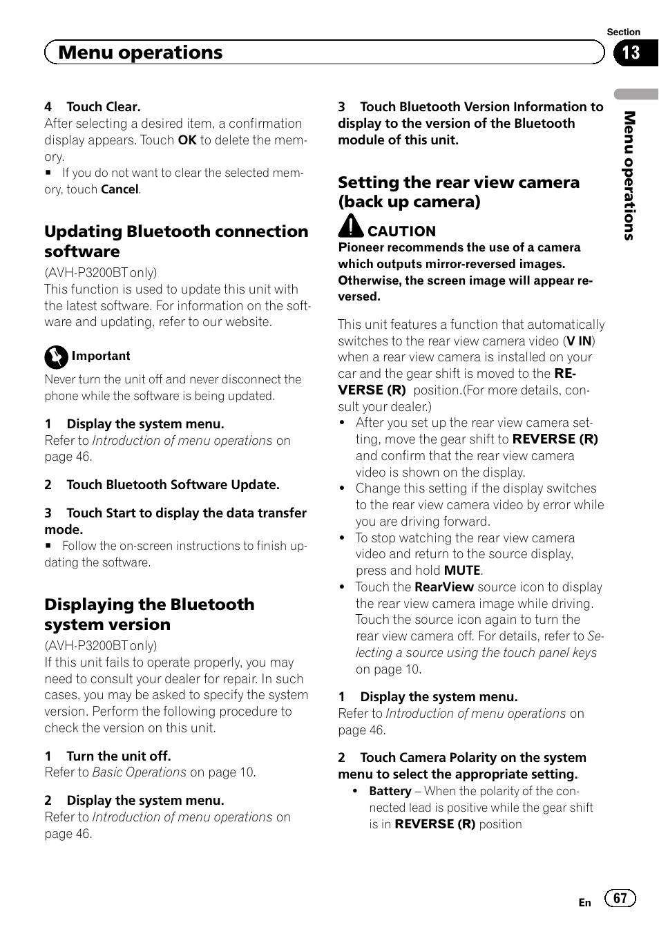 Menu operations, Updating bluetooth connection software, Displaying the bluetooth system version | Setting the rear view camera (back up camera) | Pioneer AVH-P4200DVD User Manual | Page 67 / 96