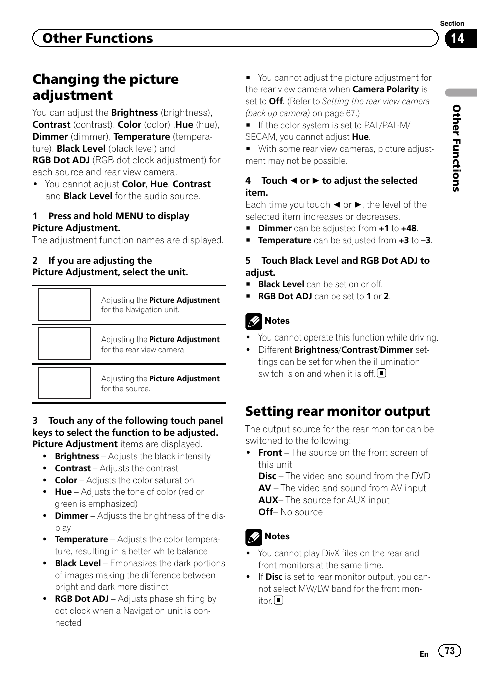 Other functions changing the picture adjustment, Setting rear monitor output, Changing the picture adjustment | Navi, Rear view, Source, Other functions | Pioneer AVH-P4200DVD User Manual | Page 73 / 96