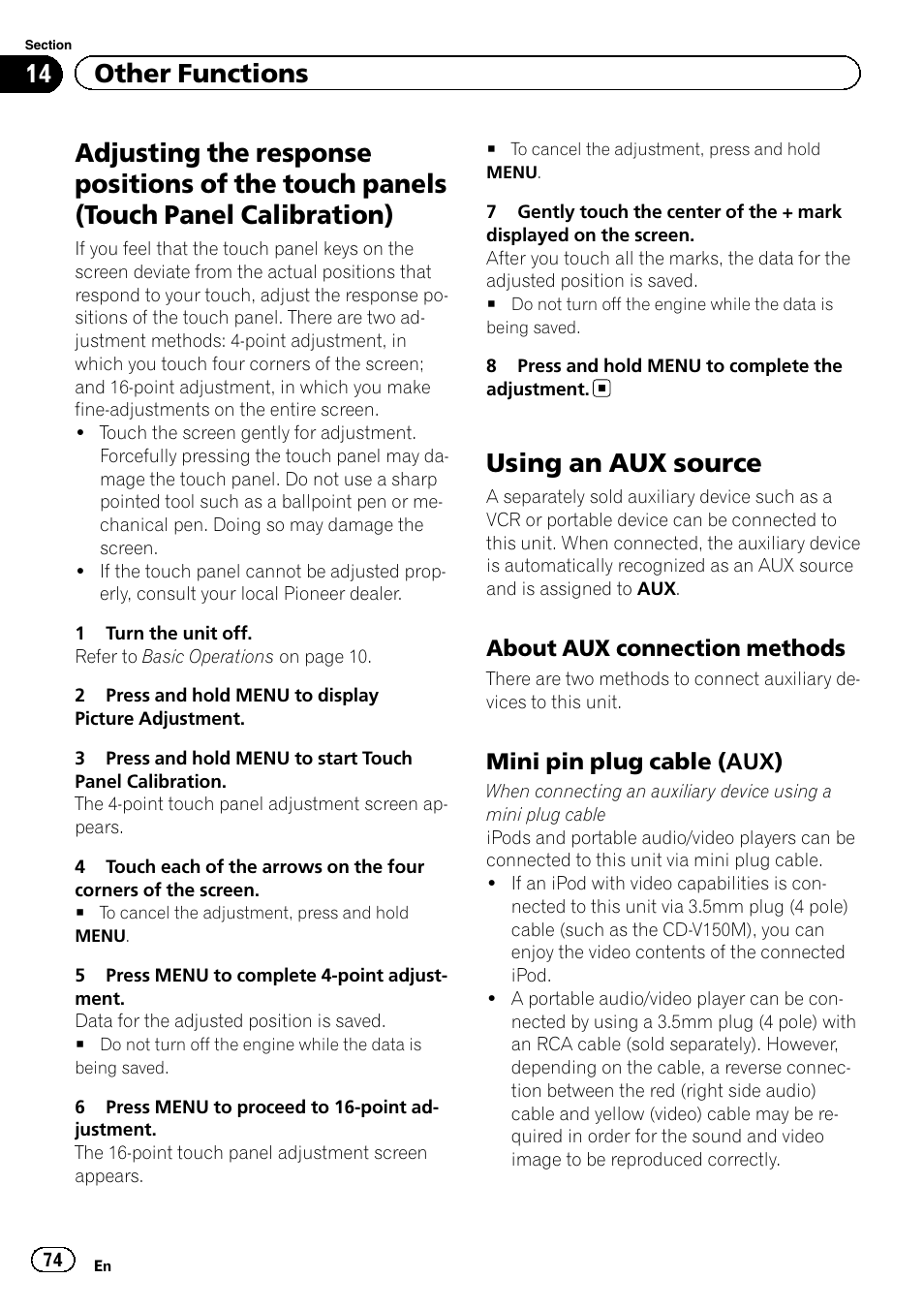 Adjusting the response positions of the, Touch panels (touch panel calibration), Using an aux source | 14 other functions | Pioneer AVH-P4200DVD User Manual | Page 74 / 96